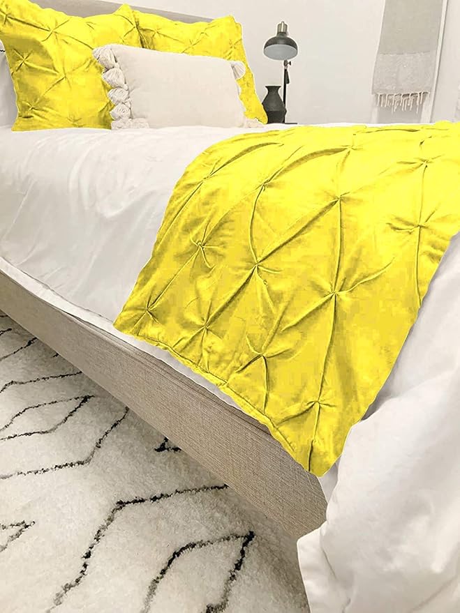 Bed Runner Set - 100% Pure Cotton 800 Thread Count - Luxury 1 Pinch Pleated Bed Runner and 2 Pillow Cover - 3 Piece Pinch Pleated Bed Runner Set Queen, Yellow