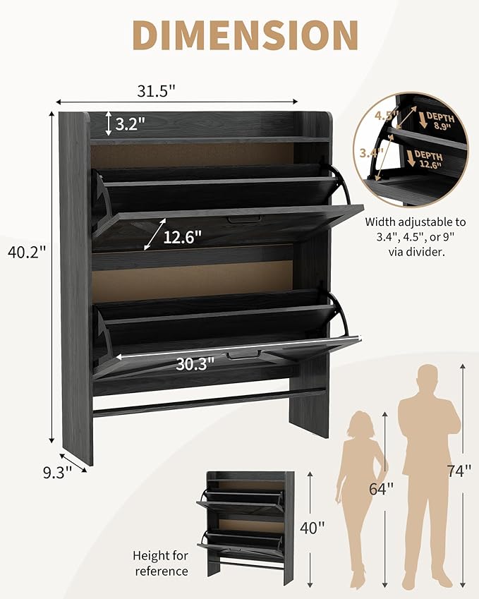 Shoe Cabinet Organizer with 2 Flip Drawers, Freestanding Narrow Shoe Rack for Entryway, Freestanding Hidden Shoe Storage Cabinet for Entryway, Hallway, Living Room, Bedroom, Black