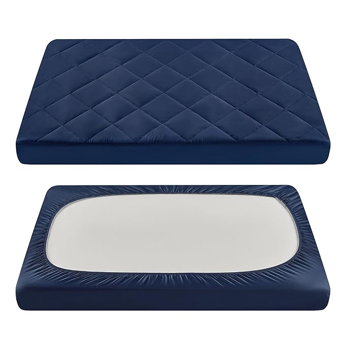 TILLYOU Pack and Play Sheets for Toddler Mattress, Mini Crib Sheets Fitted Up to 3" Deep, Breathable and Soft fit 39"x27", Navy