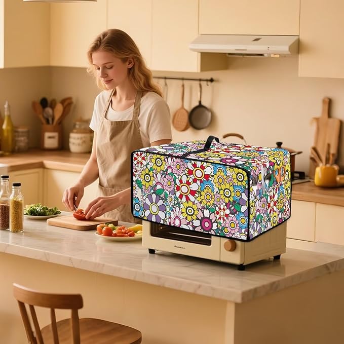Convection Toaster Oven Dustproof Cover Countertop Air Fryer Toaster Oven Cover with Pockets, Small Appliances Protector, M, 16.5 x 20.5 x 10 Inch, Groovy Hippie Flower