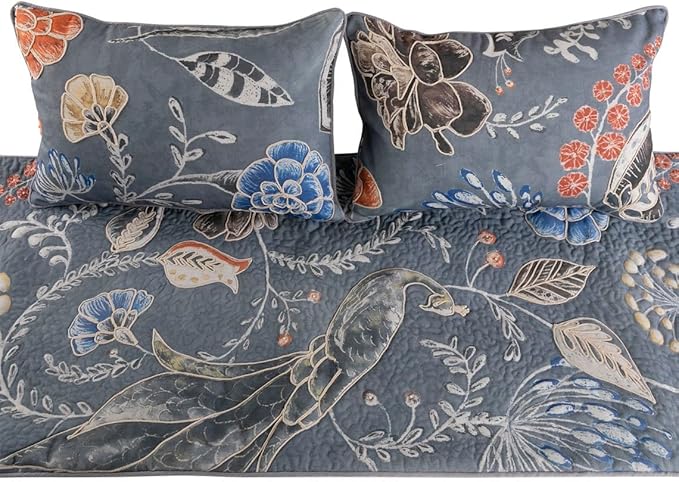 The HomeCentric Blue Bed Runner, King Size 90"x18" Decorative Bed Runner with Matching Pillow Cover, Blue Linen Bed Scarf in Quilted Peacock, Linen & Jute Embroidery - Peacock Willow