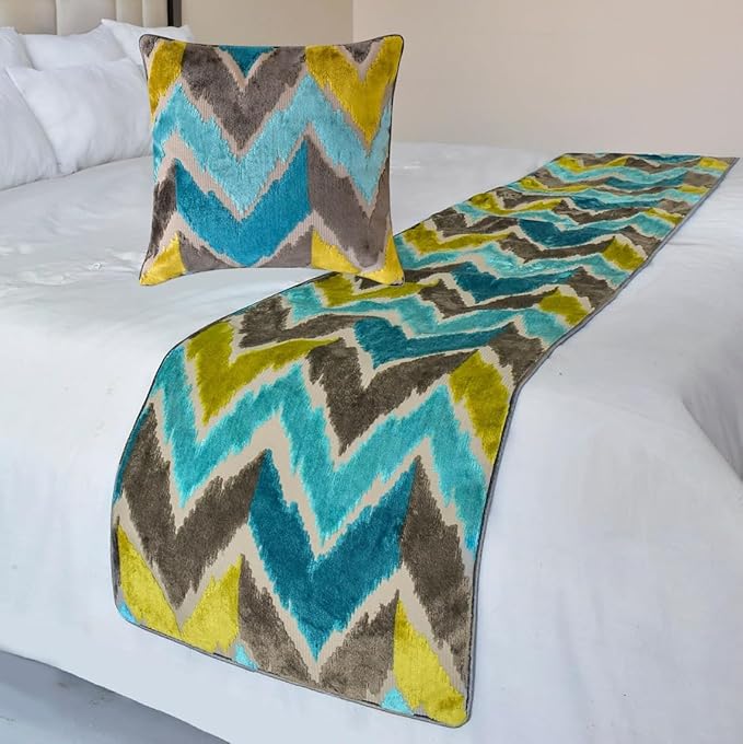 The HomeCentric King/Queen/Twin Blue Decorative CA King 86"x18" Bed Runner with Two Pillow Cover, Velvet, Peacock Colors & Ombre Bed Scarf on Velvet Fabric - Plume Palatte