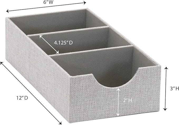 Household Essentials 3 Compartment Organizer Tray 2 Pack, Accessory Organizer, Sturdy Drawer Organizer with Fabric Covering, Gray