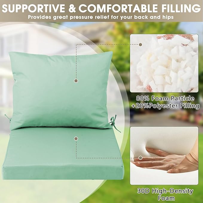 Outdoor Seat Cushion Set 24 x 24 In, Water-Resistant & Fade-Resistan, Patio Furniture Cushions with Removable Cover Deep Seat & Back Cushion with Handle and Adjustable Straps for Chair Sofa,2PC