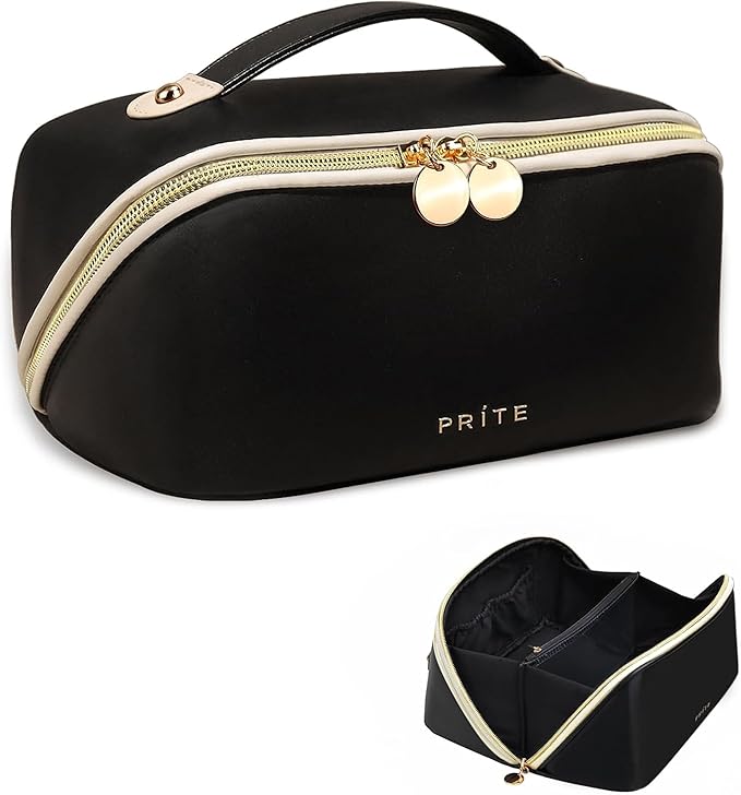Prite Makeup Bag for Women Travel Waterproof Vegan Leather Cosmetic Bag Open Flat Toiletry Bag With Clear Divider and Handle (Black, Large)