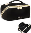 Prite Makeup Bag for Women Travel Waterproof Vegan Leather Cosmetic Bag Open Flat Toiletry Bag With Clear Divider and Handle (Black, Large)