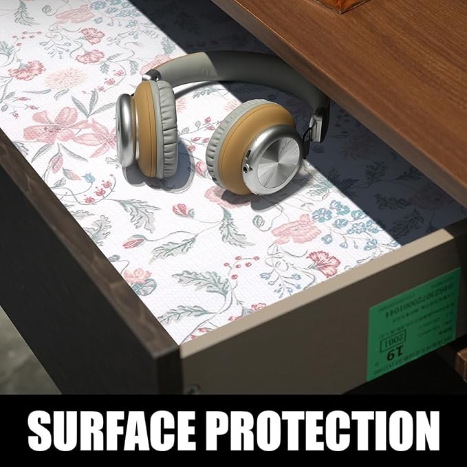 Floral Drawer and Shelf Liner for Cabinets, Non-Adhesive and Strong Non-Slip Shelf Cabinet Drawer Liners for Kitchen, Table,Bookshelves,Waterproof Cupboard Liners,Easy to Clean,12IN x 10FT