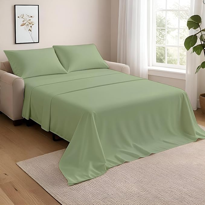 NON Sticky cotton Queen Size Sleeper Sofa Sheets, 4 Piece Egyptian Cotton Bed Sheet Set for Sofa Bed, 10" Deep Pocket for Pull Out Couch Mattress, 60" x 75", Sage Solid, Soft & Breathable