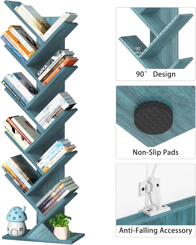 SHEEPAM 10 Tier Tree Book Shelf, Floor Standing Wood Bookshelf