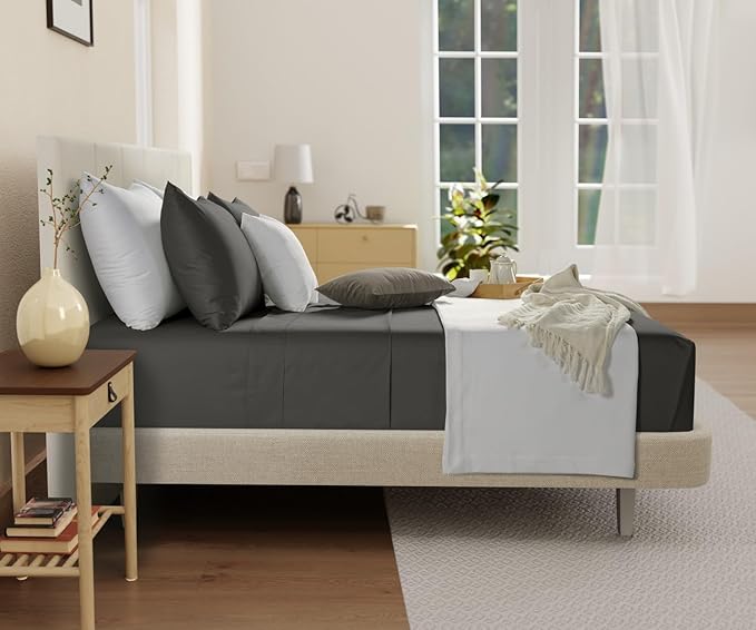 Organic Cotton Sheets Queen Sheet Set Deep Pocket,100% Cotton Bed Sheets Queen Size Set, No Pill Soft & Comfy Naturally Cool Breathable Elasticated Sheet & Pillowcase Sets- Charcoal