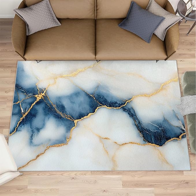 6x9 Abstract Marble Living Room Rug - Blue-White-Marble Bedroom Carpet, Luxury Stone Pattern Classroom Rug for Carpet Boy Bedroom Office Nursery Hardwood Home Decor