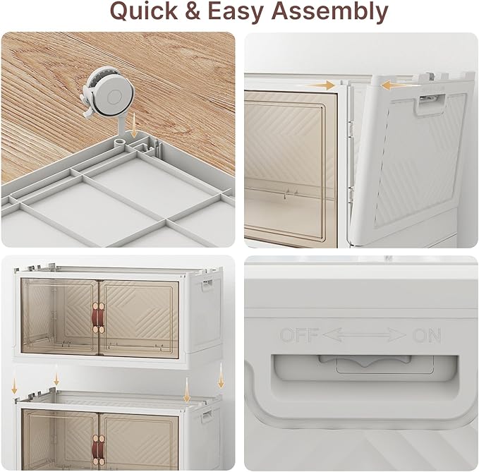 UAMFURI Stackable Storage Bins with Lids, 240QT Closet Organizers, Lockable Storage Cabinet, Foldable Storage Box with Doors and Wheels, Plastic Drawers for Home, Garage, Office (5, White, Medium)