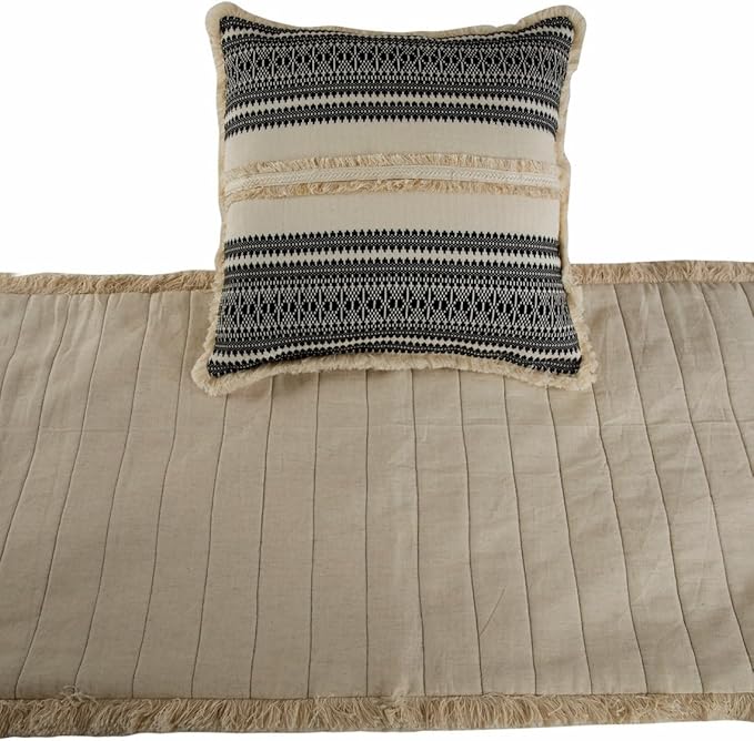 The HomeCentric Beige Bed Runner Without Pillow Cover, Full Size 68"x18" Decorative Bed Runner, Beige & Black Linen Bed Scarf in Quilted, Natural Linen with Lace - Moroccan Vibe