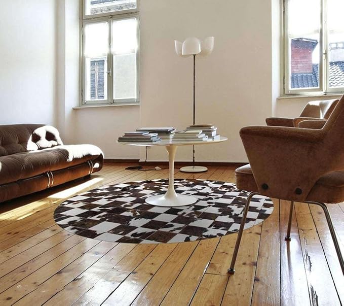 Sn Alef Home Black & White Round Rug | Checkered Floral Designer Carpet for Living Room | Handcrafted Circular Floor Mat for Home Decor & Meditation Space(7x7)