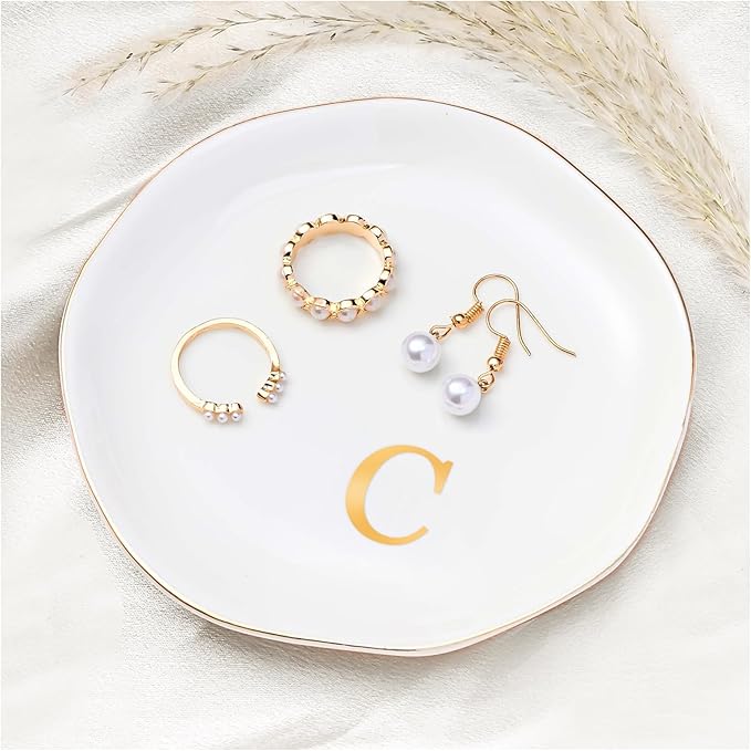 ProCase Ceramic Jewelry Tray, Initial Ring Dish Trinket Plate Engagement Gift, Small Personalized Monogram Ring Bowl for Wedding, White Decorative Jewelry Holder for Women Vanity -Letter C