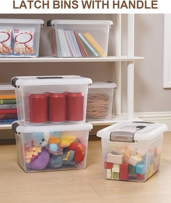 Citylife 4 Packs 6 QT Storage Bins with Lids Clear Plastic Bins with Grey Handle Stackable Storage Containers for Organizing