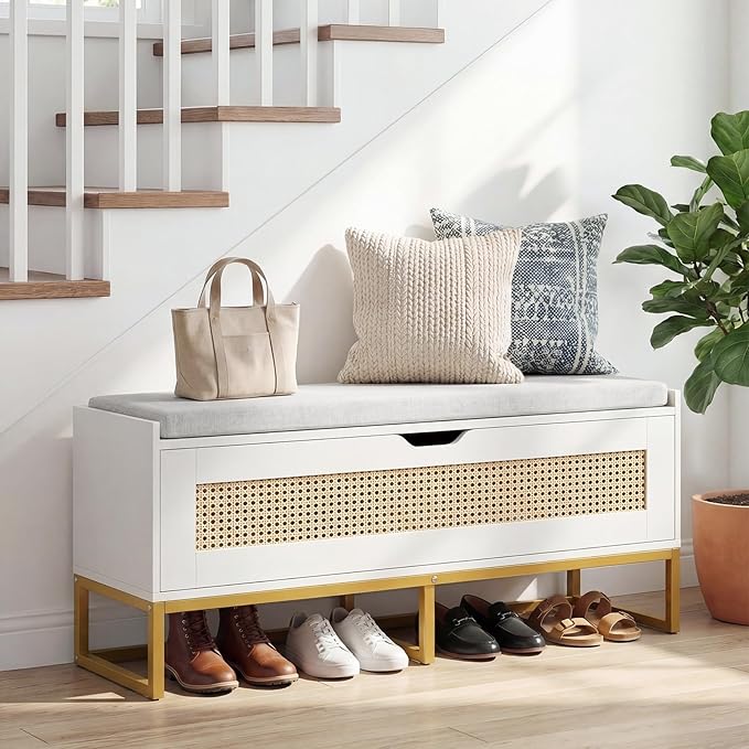 Giantex Rattan Shoe Bench, Flip-Top Entryway Bench with Removable Padded Seat & Hidden Storage, Wooden Shoe Storage Chest with Metal Legs for Bedroom, Hallway, 440 lbs Max Load (White & Gold)