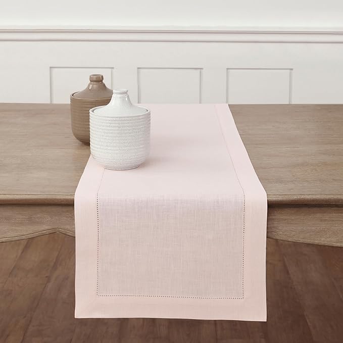 Solino Home Linen Pink Table Runner 48 Inches - Classic Hemstitch, 100% Pure Linen Coffee Table Runner 14 x 48 Inch Ideal for Dresser Tables - Christmas