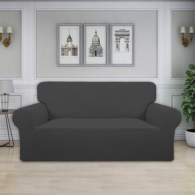 Easy-Going Stretch Oversized Loveseat Slipcover 1-Piece Sofa Cover Furniture Protector Couch Soft with Elastic Bottom for Kids Polyester Spandex Jacquard Fabric Small Checks Dark Gray