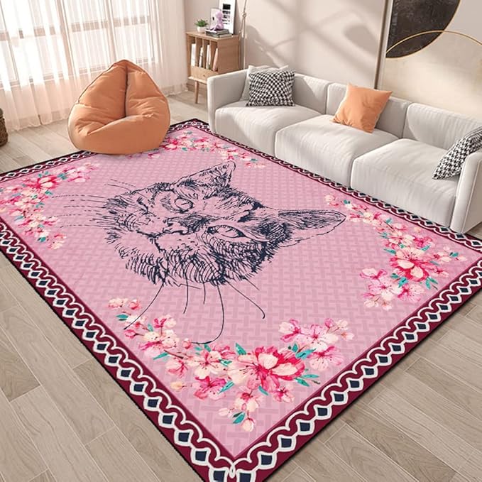 Cartoon Animal Pattern Area Rug Cute Cat Luxury Floral Decor for Carpet Farmhouse Bedroom Living Room Rugs Bathroom Kitchen Runner Mat Indoor Outdoor Non Slip Doormat 4' X 5.2'