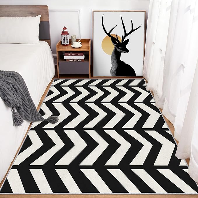 4x4 Black and White Chevron Rugs for Bedroom Decor, Washable Chevron Geometric Pattern Area Rug, Living Room Home Decoration, Non Slip Soft Thin, Modern Zigzag Decor Carpet PF-P 49