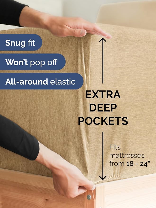 Extra Deep Pocket Twin Sheets - 3 Piece Breathable & Cooling Bed Sheets - Hotel Luxury Bed Sheet Set - Soft, Wrinkle Free & Comfy - Easily Fits Extra Deep Mattresses - Deep Pocket Heathered Tan Sheets