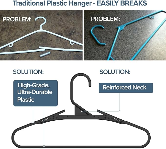 No Hassle-Hangers Best Clothes Hanger Ultra Soft Rubberized Grip Clip Keeps Garments in Place and Off the Floor. Perfect for Wide Neck Silks & Satin Tops, delicates, Athletic wear. (10, Bright Grey)