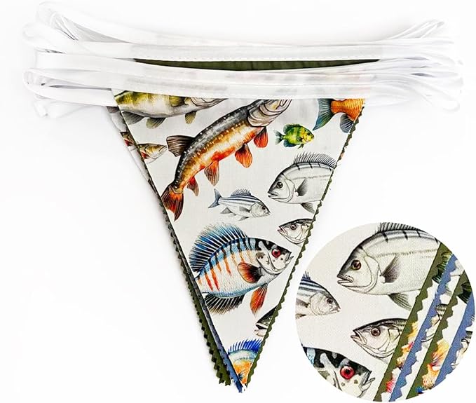 32Ft Gone Fishing Party Decorations Blue Green Fish Print Fabric Pennant Banner Triangle Flag Garland Streamer for Gone Fishing Birthday Little Fisherman Baby Shower Outdoor Fish Party Supplies