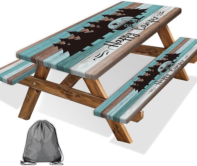 Happy Campers Picnic Table Cover with Bench Covers, Rustic Wooden RV Travel Trailer Waterproof Tablecloth for Patio Camping Indoor Outdoor Party Decorations with Drawstring Bag, 30X96in, 3PCS