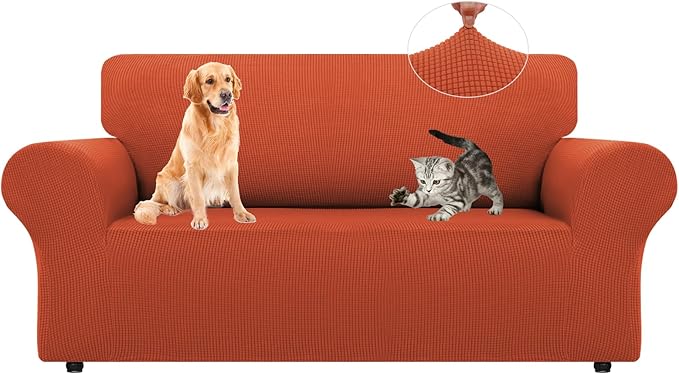 LURKA Stretch Loveseat Sofa Slipcovers 1 Piece Couch Covers for Sofa Furniture Protector Full Sofa Covers with Elastic Bottom for Kids and Dog (Medium, Pumpkin)