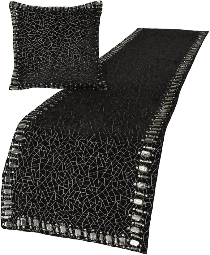 The HomeCentric King/Queen/Twin Black Decorative King 90"x18" Bed Runner Without Pillow Cover, Mosaic & Crystal Bed Scarf on Velvet Fabric - Mosaic Noir