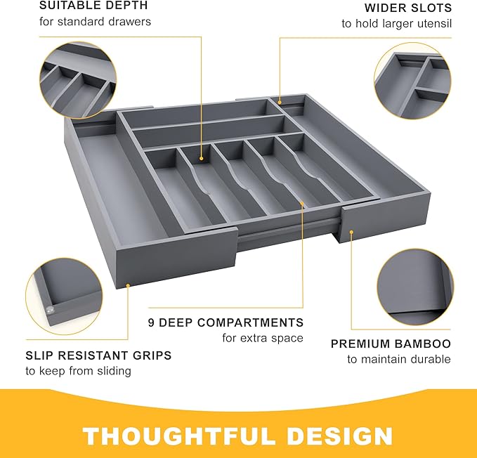 Large Premium Bamboo Silverware Organizer - Expandable Drawer Organizer & Utensil Organizer - 17"x19.7" Cutlery Tray with Dividers for Kitchen Utensils and Flatware (7-9 Slots) (Grey)