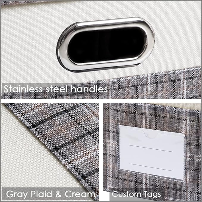 PRANDOM Large Collapsible Storage Bins with Lids [3-Pack] Fabric Foldable Storage Boxes Organizer Containers Baskets Cube with Cover for Home Bedroom Closet Office Gray plaid & Cream(17.7x11.8x11.8)