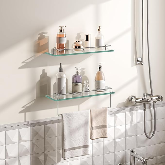 HOOBRO Glass Shelves for Bathroom, 15.7 Inch Floating Glass Shelf for Wall, Set of 2 Tempered Stainless Steel Wall Mounted Stand for Toilet, Room Decor, Silver SV02BJ01