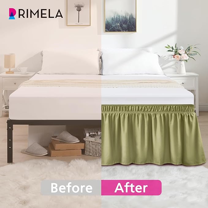 RIMELA Sage Green Bed Skirt Full Size 15 Inch Drop, Elastic Bed Skirting for Bed Base and Frame, Bedding Dust Ruffle Easy to Install, Wrap Around Adjustable Bedskirt