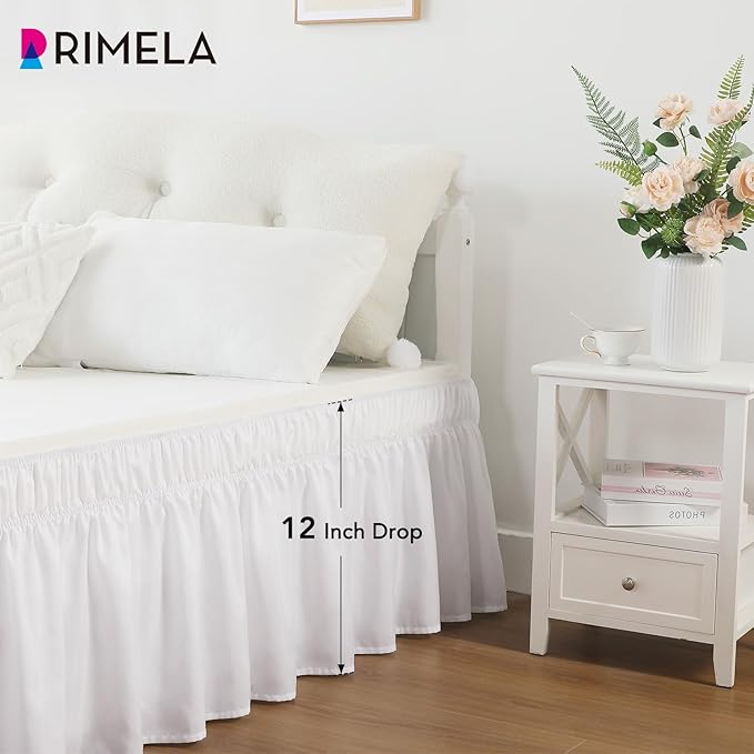 RIMELA White King Size Bed Skirt 12 Inch Drop, Elastic Bed Skirts Cal King Dust Ruffle, White Bedskirt for Adjustable Bed Base Solid Fade Resistant Silky Fabric Machine Washable Easy to Install