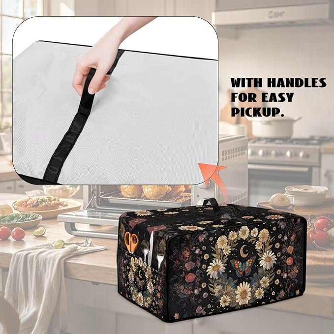Vintage Daisy Butterfly Moon Print Toaster Oven Cover with Storage Bags Dust Cover for Microwave Oven Polyester-Linen Small Appliance Dust Covers Fits Most Microwaves, M