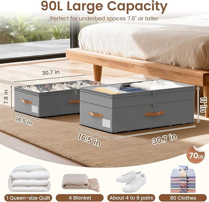 Under Bed Storage with Wheels, 2-Pack Underbed Storage Containers, No Assemble 11 inches 90L XXL Large Adjustable Storage Bins with Clear Lids, Rolling Storage for Clothes, Shoes, Blankets, Gray
