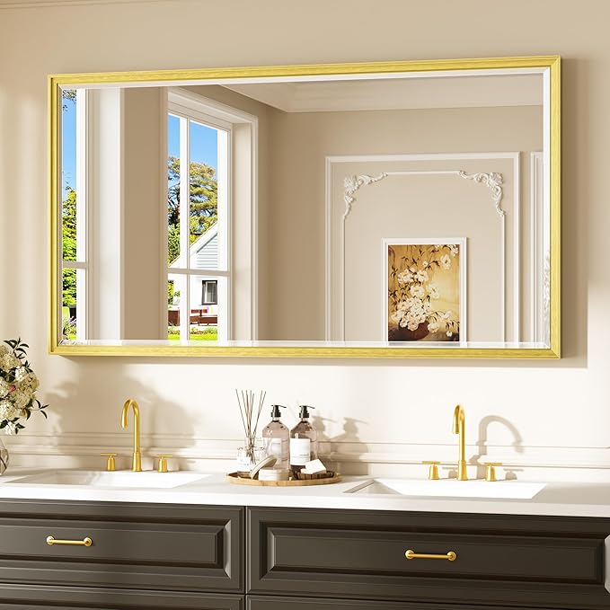 Keonjinn 55" x 30" Gold Bathroom Mirror, Brushed Gold Metal Framed Mirrors, Beveled Tempered Glass, Shatterproof, Aluminum Alloy, Decorative Rectangular Vanity Mirror, Wall Mirrors for Over Sink