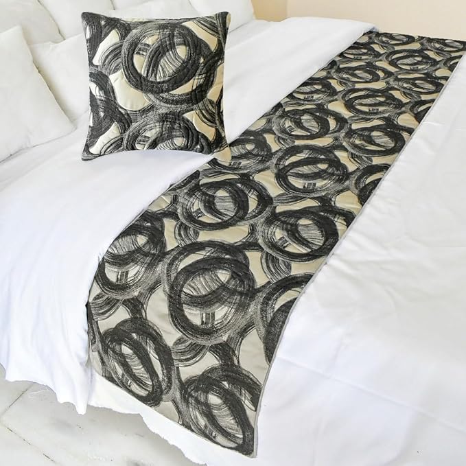 The HomeCentric King/Queen/Twin Black Decorative CA King 86"x18" Bed Runner Without Pillow Cover, Circle, Rings, Quilted Bed Scarf on Jacquard Fabric - Circlewise