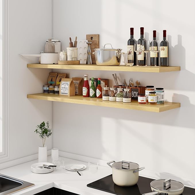 Dreamland 55" Floating Shelves for Wall, 12" Deep Slim Oak Floating Shelves, Wall-Mounted Shelves for Bedroom, Living Room, Kitchen, Bathroom - Set of 2