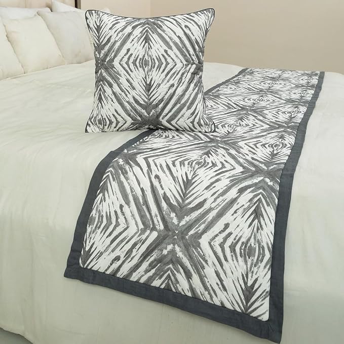 The HomeCentric King/Queen/Twin Grey & White Designer King 90"x18" Bed Runner with Pillow Cover, Quilted Bed Scarf on Cotton Fabric - Grey Semblance