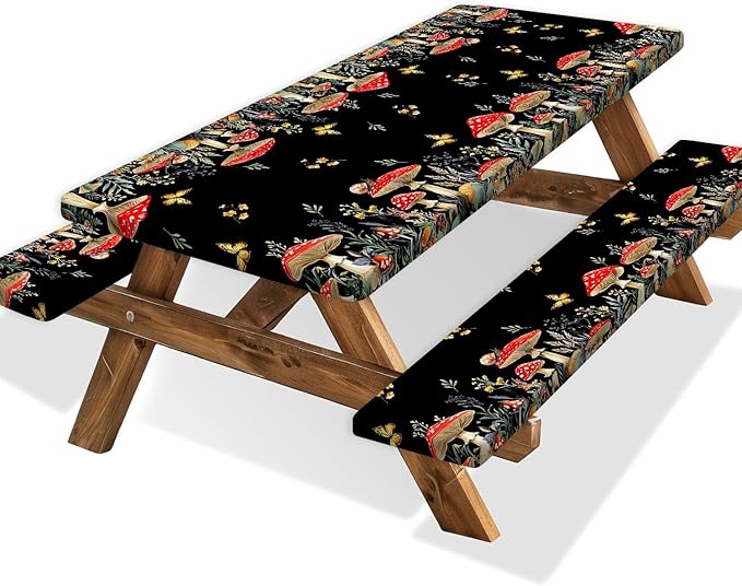Mushroom Picnic Table Cover with Bench Covers, Camping Essentials, Waterproof Windproof Camping Tablecloth, Fitted Tablecloth Cover with Elastic Edge, for Indoor & Outdoor, Garden, 3 PCS, 30x72 Inch