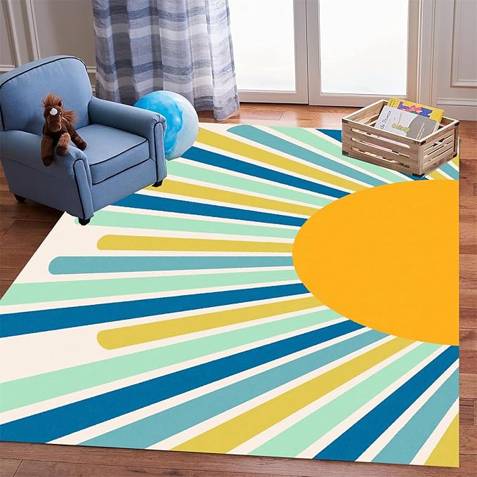Rainbow Sun Area Rug,3x4ft,Boho Geometric Print Rug, Modern Mid-Century Colorful Rug for Kids Girls Boys Bedroom, Living Room, Classroom, Office Non-Slip Washable
