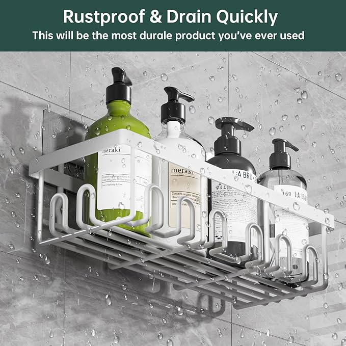 5-Pack Adhesive Shower Caddy, Rustproof Stainless Steel Organizer for Bathroom Storage with Large Capacity, No Drilling Bathroom Caddy with Soap Toothbrush Holder for Kitchen Home White