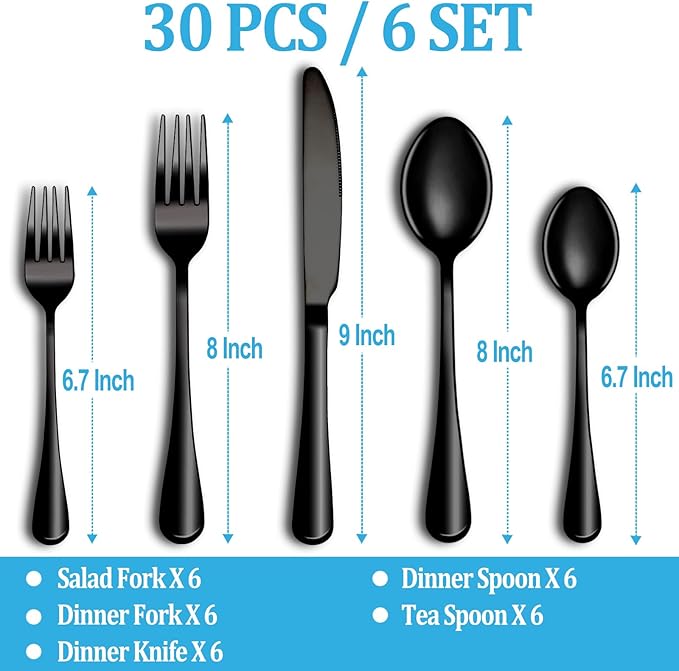30 Pcs Black Silverware Set, Stainless Steel Flatware Set Service for 6, Mirror Polished Cutlery Utensil Set, Durable Home Kitchen Eating Tableware Set, Include Fork Knife Spoon Set, Dishwasher Safe
