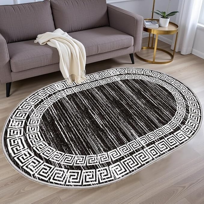 Minimalist Distressed Black Off White Greek Key Pattern Bordered Rug 12x15 for Liivng Room Bedroom Dining Room Soft Non Skid Washable Large Rugs Nursery Dorm Kitchen Rustic Classic Indoor Oval Carpet