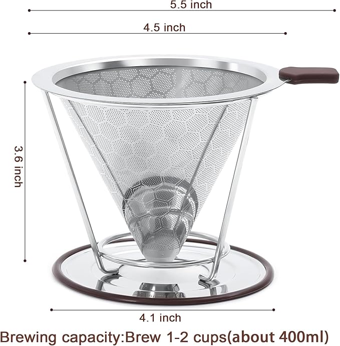 Pour Over Coffee Dripper, MISETTO Stainless Steel Filter,Easy to Clean Paperless pour over coffee maker,Reusable Filter,Cone Dripper with Removable Cup