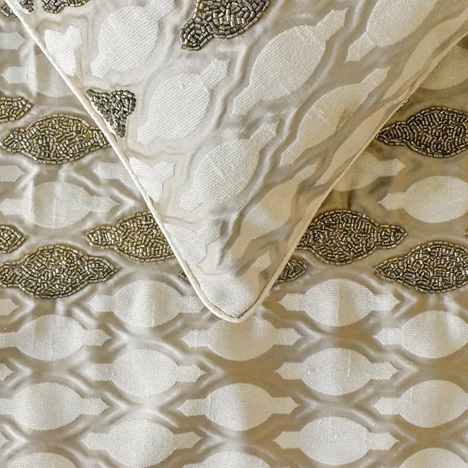 The HomeCentric King/Queen/Twin Ivory Decorative Queen 74"x18" Bed Runner Without Pillow Cover, Bead Hand Embroidery Bed Scarf on Jacquard Fabric - Priscilla Dazzle