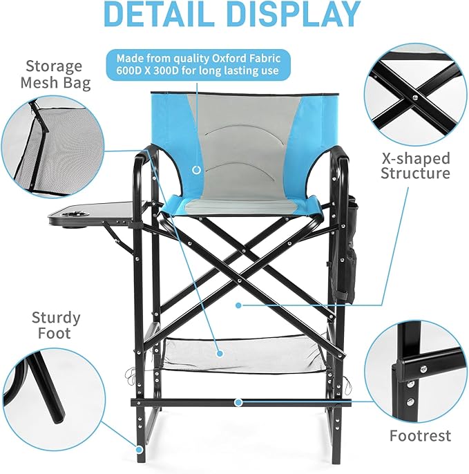 Outvita 4 Piece 31" Tall Directors Chair Height Seat Folding with Side Table Storage Bag, Support for 300Lbs Portable Makeup Artist Chair with Bar Height(Blue/Black)